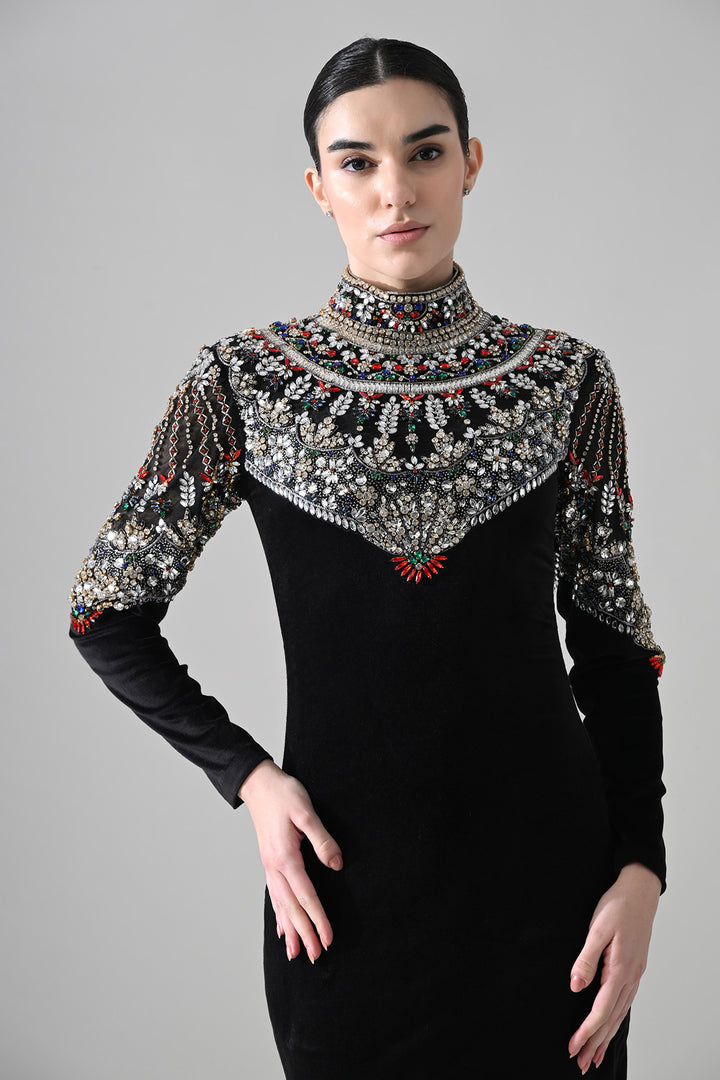 Black High-Neck Short Dress With  Jeweled Embroidered Yoke Detail