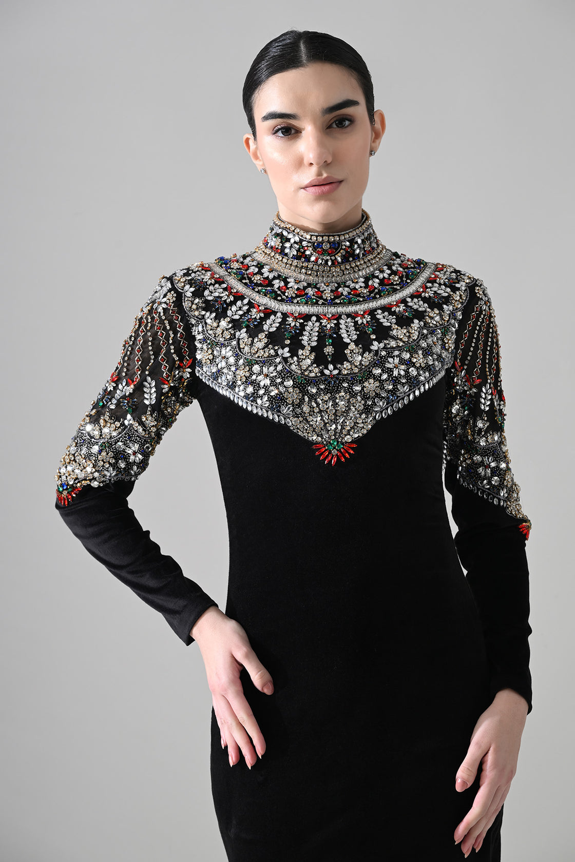Black High-Neck Short Dress With  Jeweled Embroidered Yoke Detail