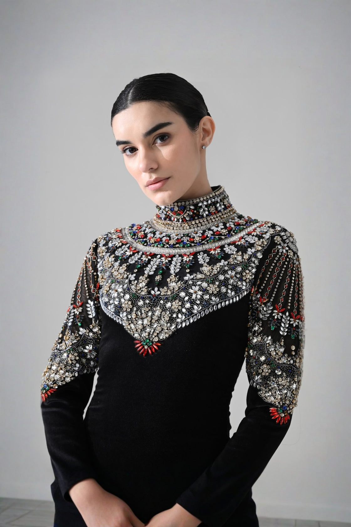 Black High-Neck Short Dress With  Jeweled Embroidered Yoke Detail
