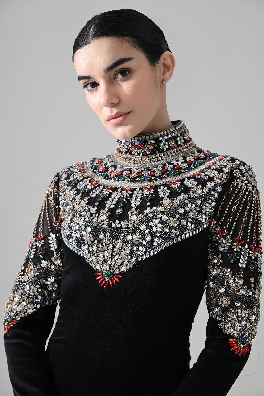 Black High-Neck Short Dress With  Jeweled Embroidered Yoke Detail