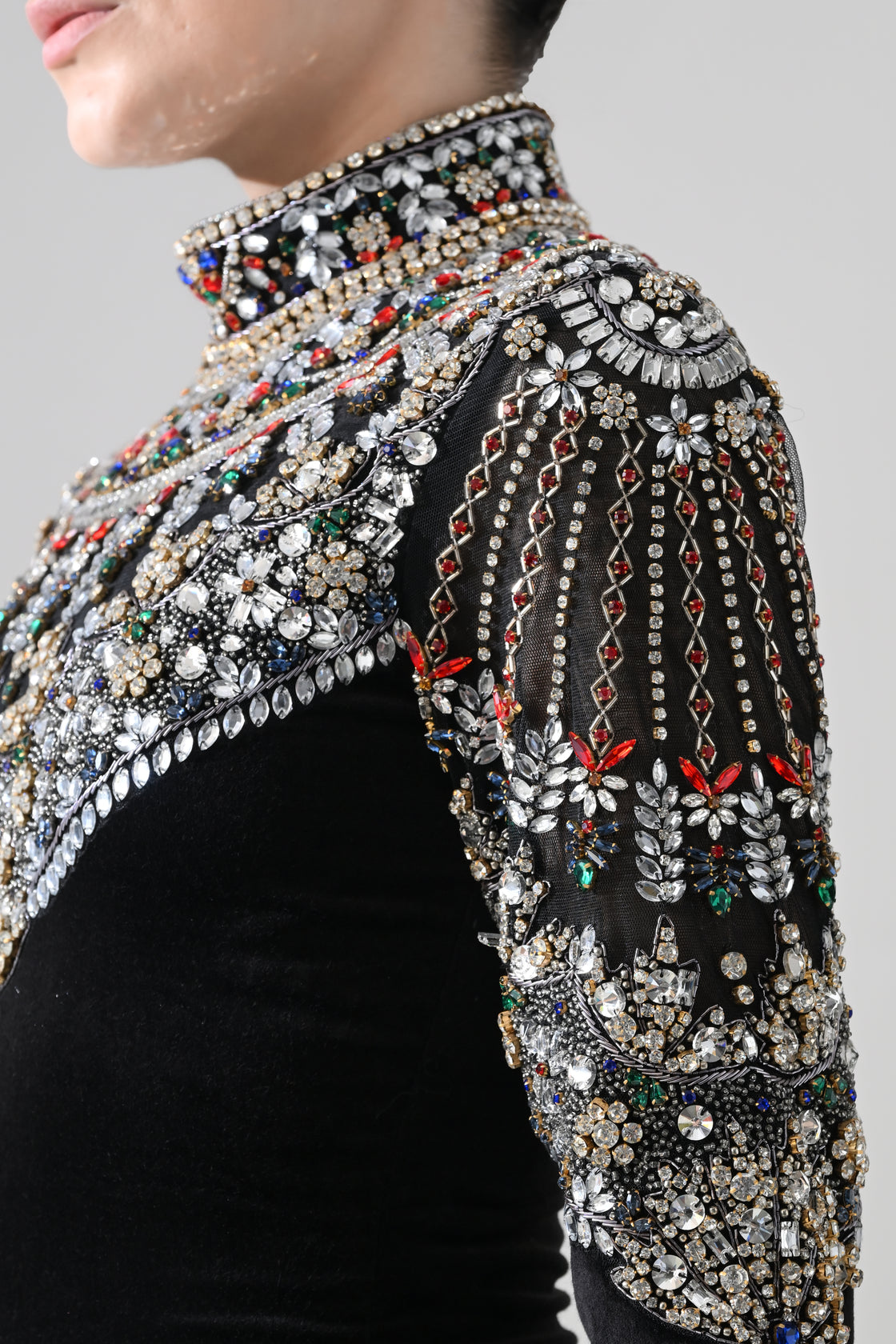 Black High-Neck Mini Dress with Hand-Embroidered Jeweled Yoke