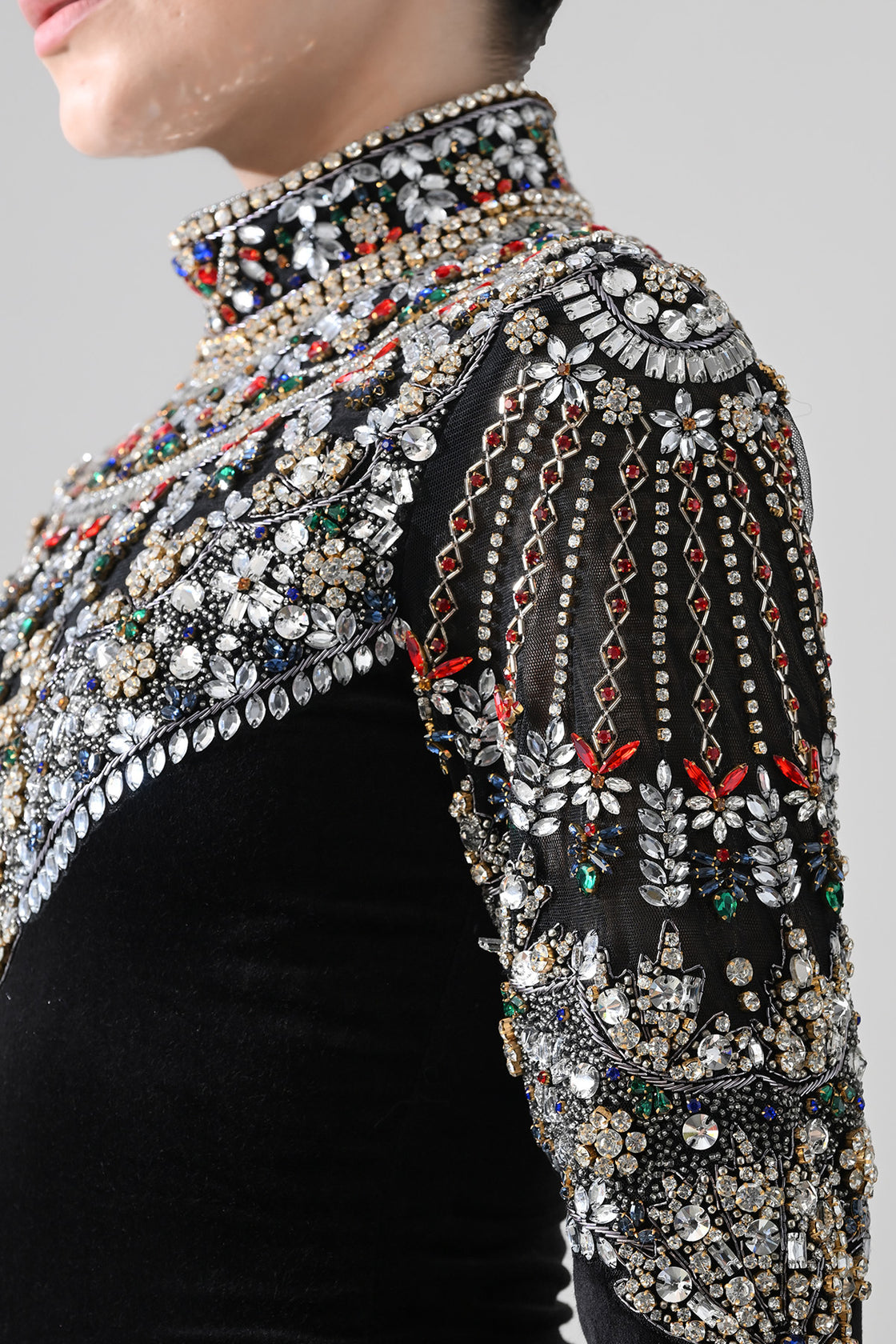 Black High-Neck Short Dress With  Jeweled Embroidered Yoke Detail
