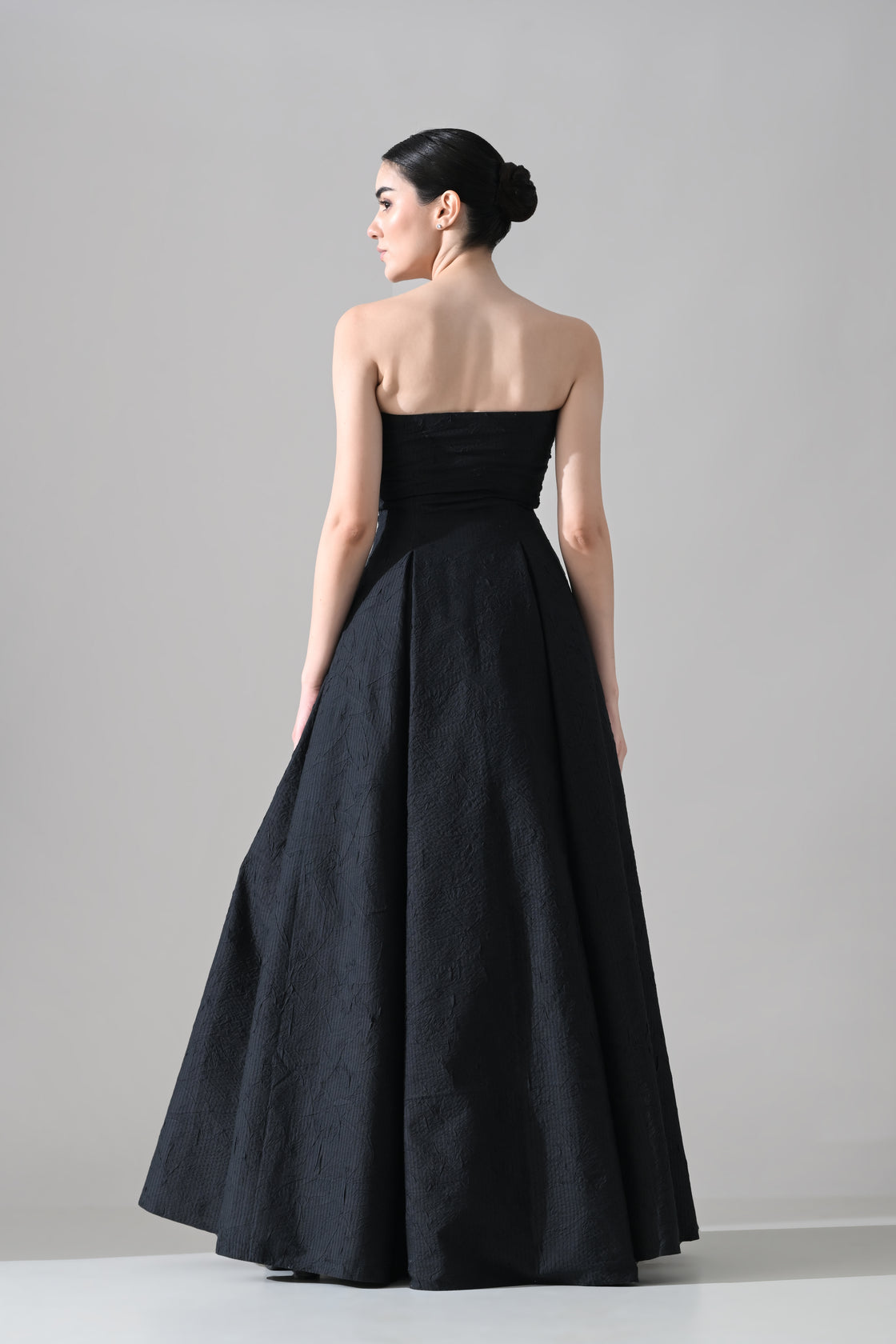 Black Strapless Gown with Cascading Hand-Embroidered Vine
