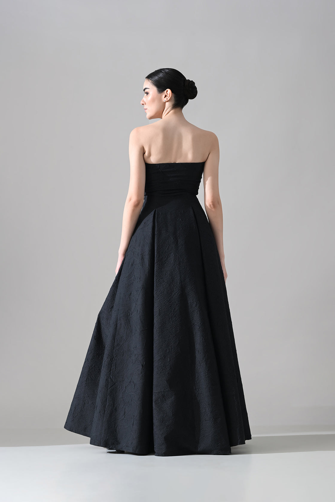 Black Strapless Gown With Cascading Hand-Embroidered Vine