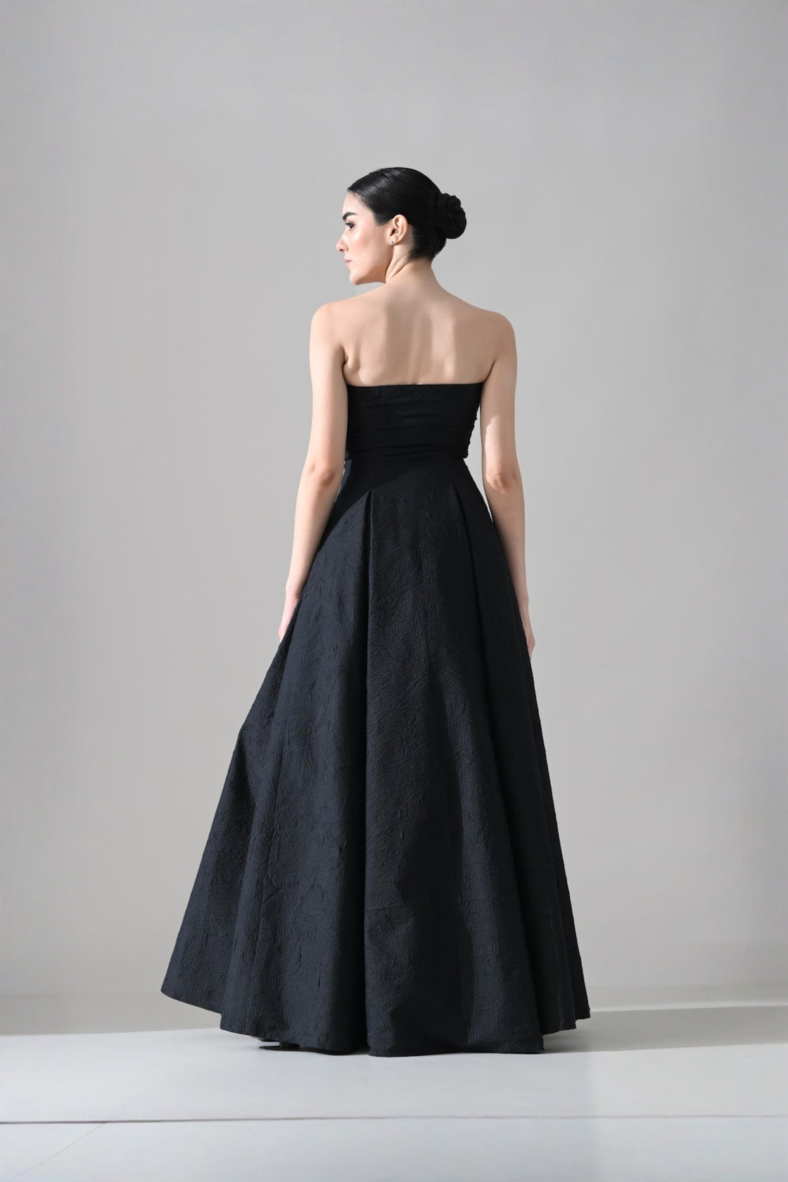 Black Strapless Gown With Cascading Hand-Embroidered Vine