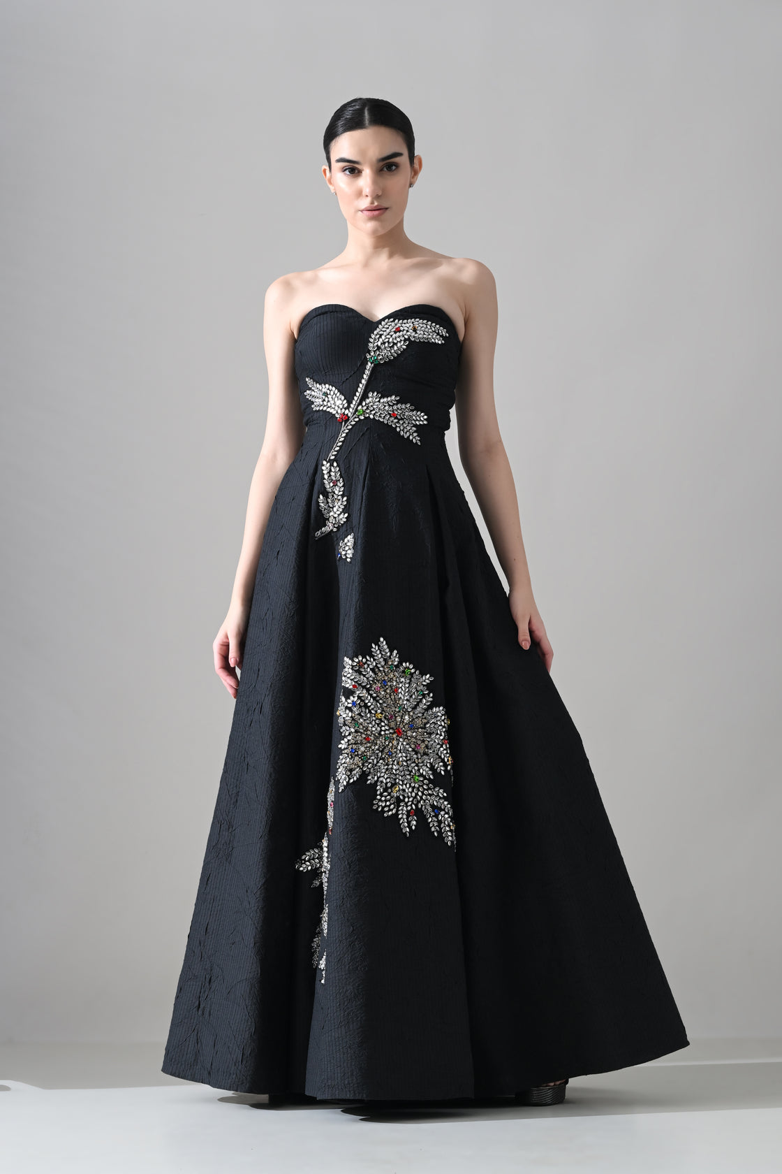 Black Strapless Gown with Cascading Hand-Embroidered Vine