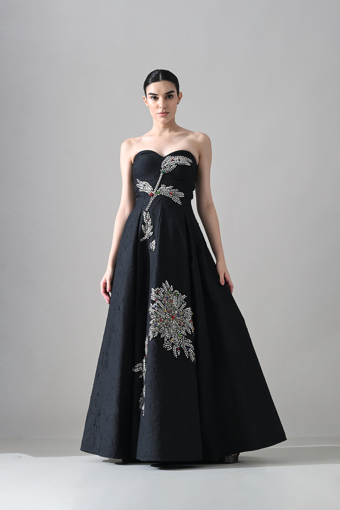 Black Strapless Gown With Cascading Hand-Embroidered Vine