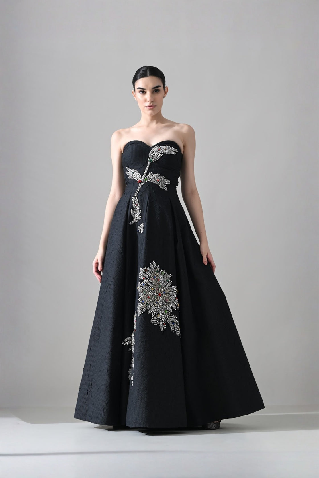 Black Strapless Gown With Cascading Hand-Embroidered Vine