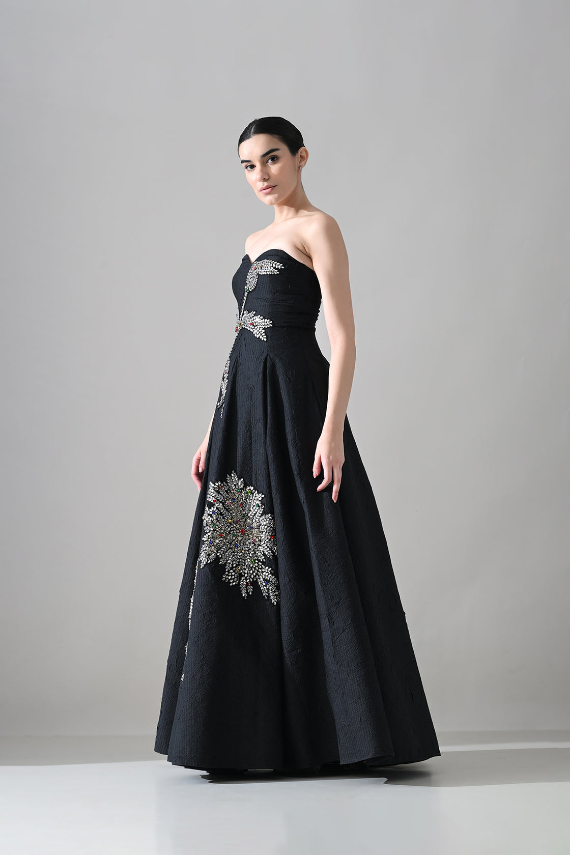 Black Strapless Gown With Cascading Hand-Embroidered Vine