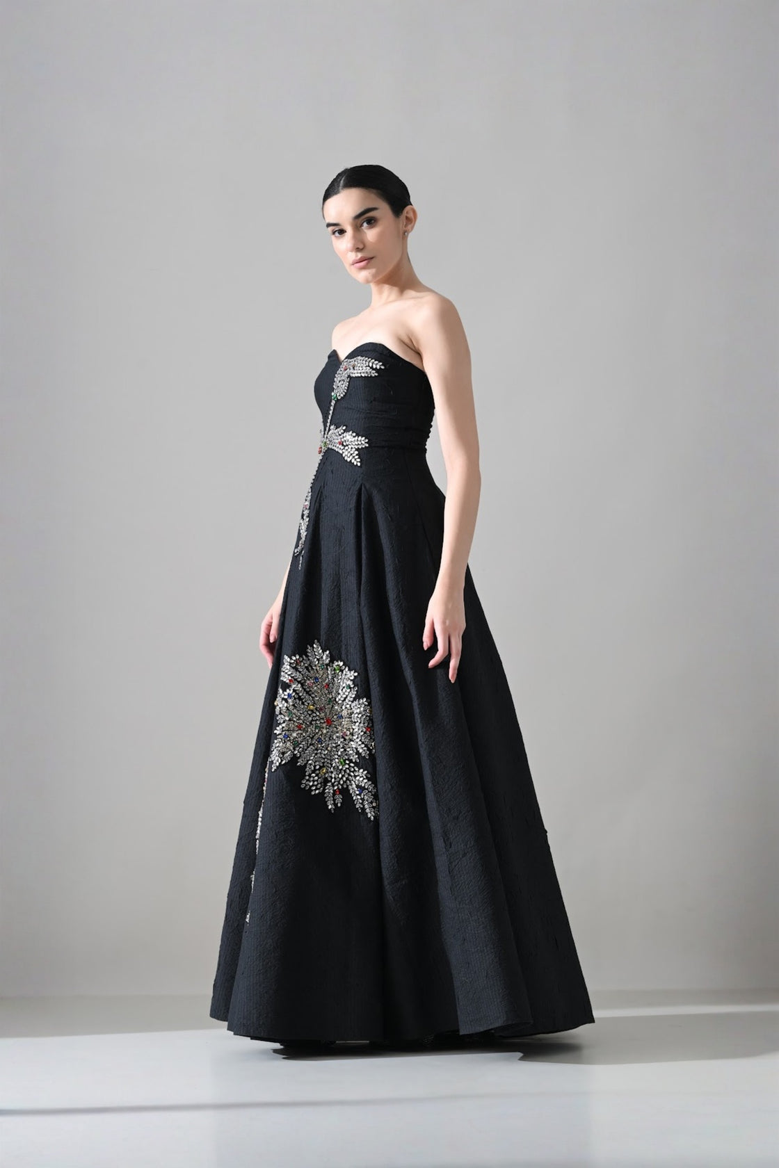 Black Strapless Gown With Cascading Hand-Embroidered Vine