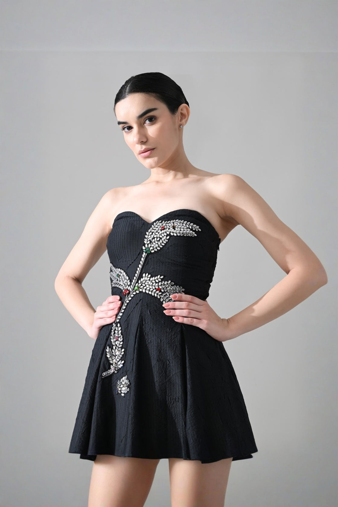 Black Strapless Gown With Cascading Hand-Embroidered Vine