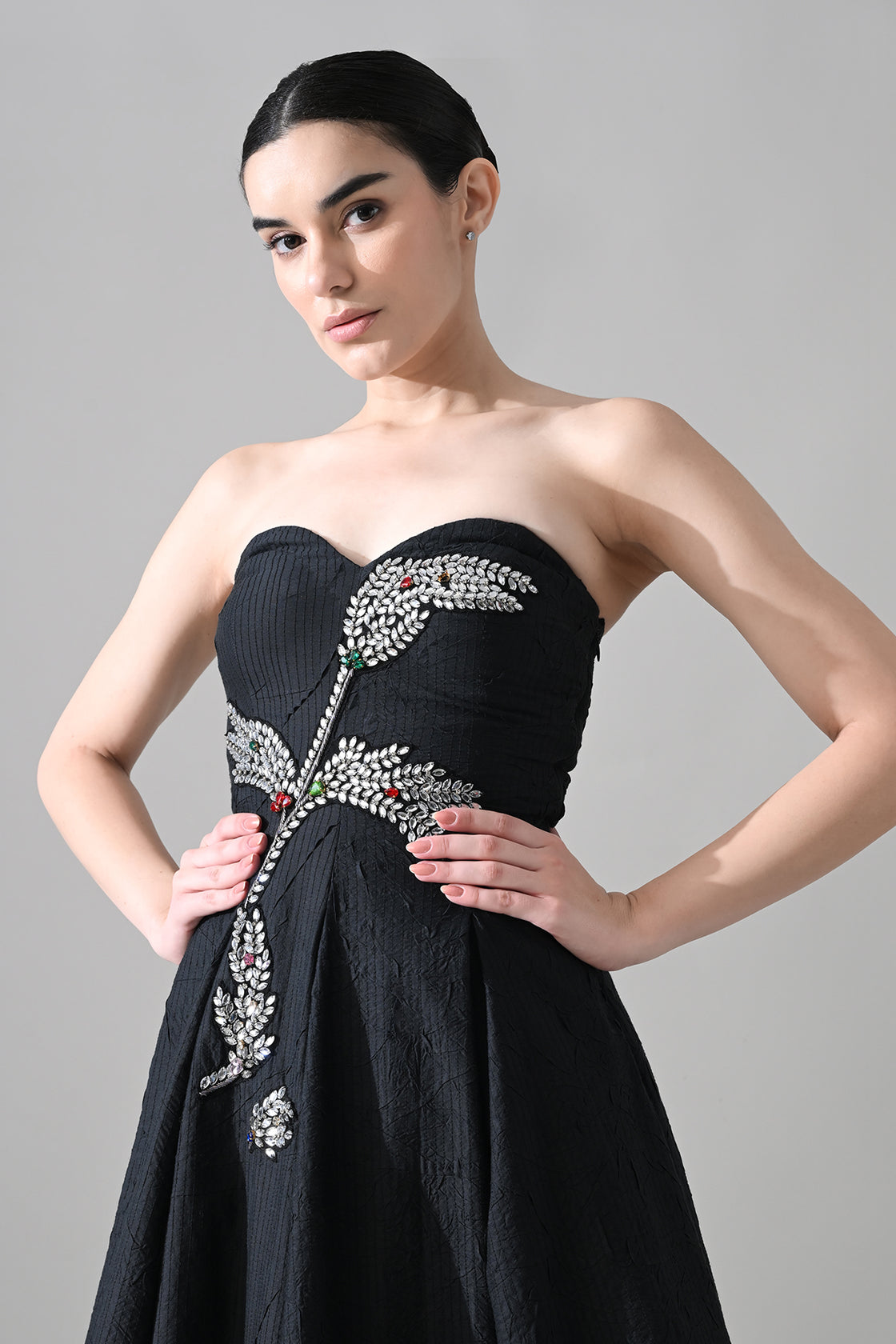 Black Strapless Gown With Cascading Hand-Embroidered Vine