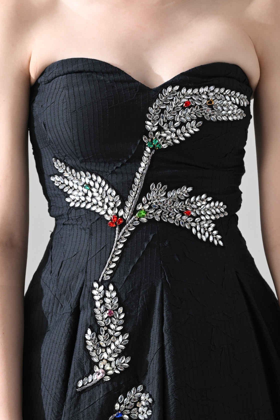 Black Strapless Gown with Cascading Hand-Embroidered Vine