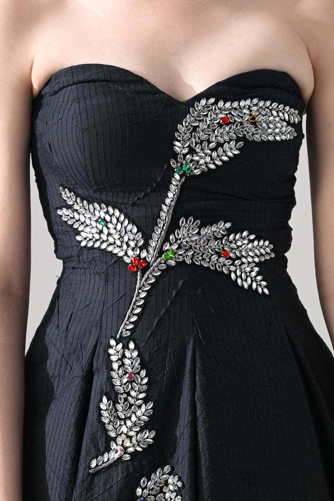 Black Strapless Gown With Cascading Hand-Embroidered Vine