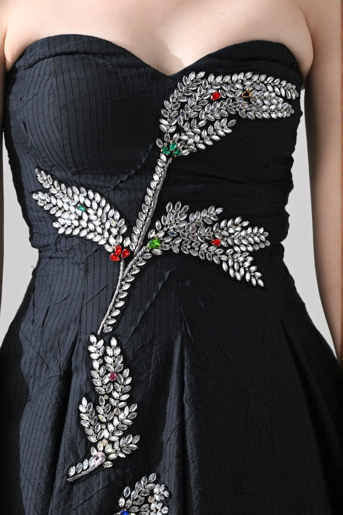 Black Strapless Gown With Cascading Hand-Embroidered Vine