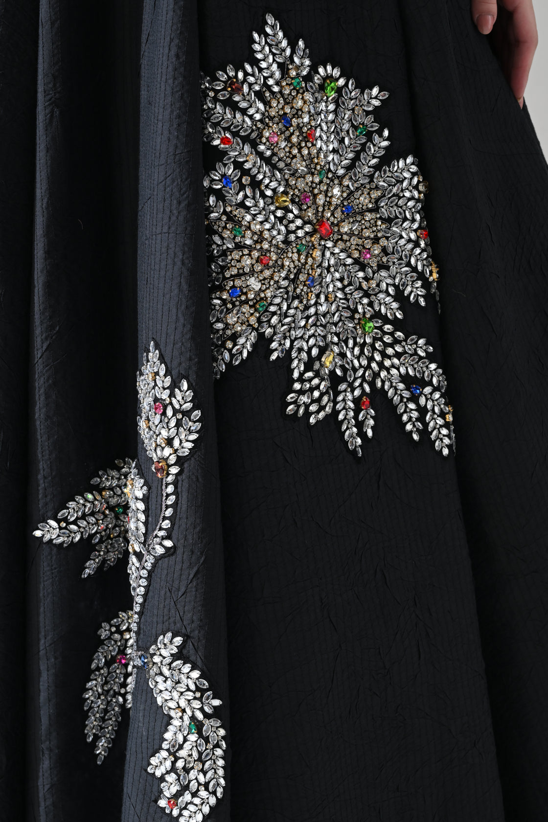 Black Strapless Gown with Cascading Hand-Embroidered Vine