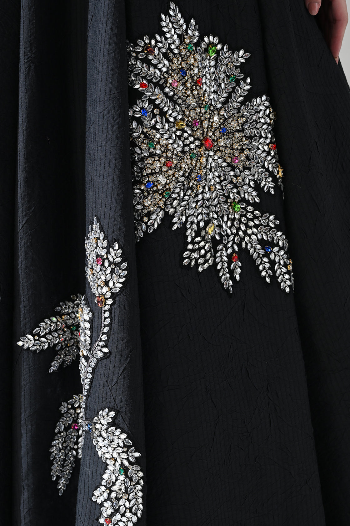 Black Strapless Gown With Cascading Hand-Embroidered Vine