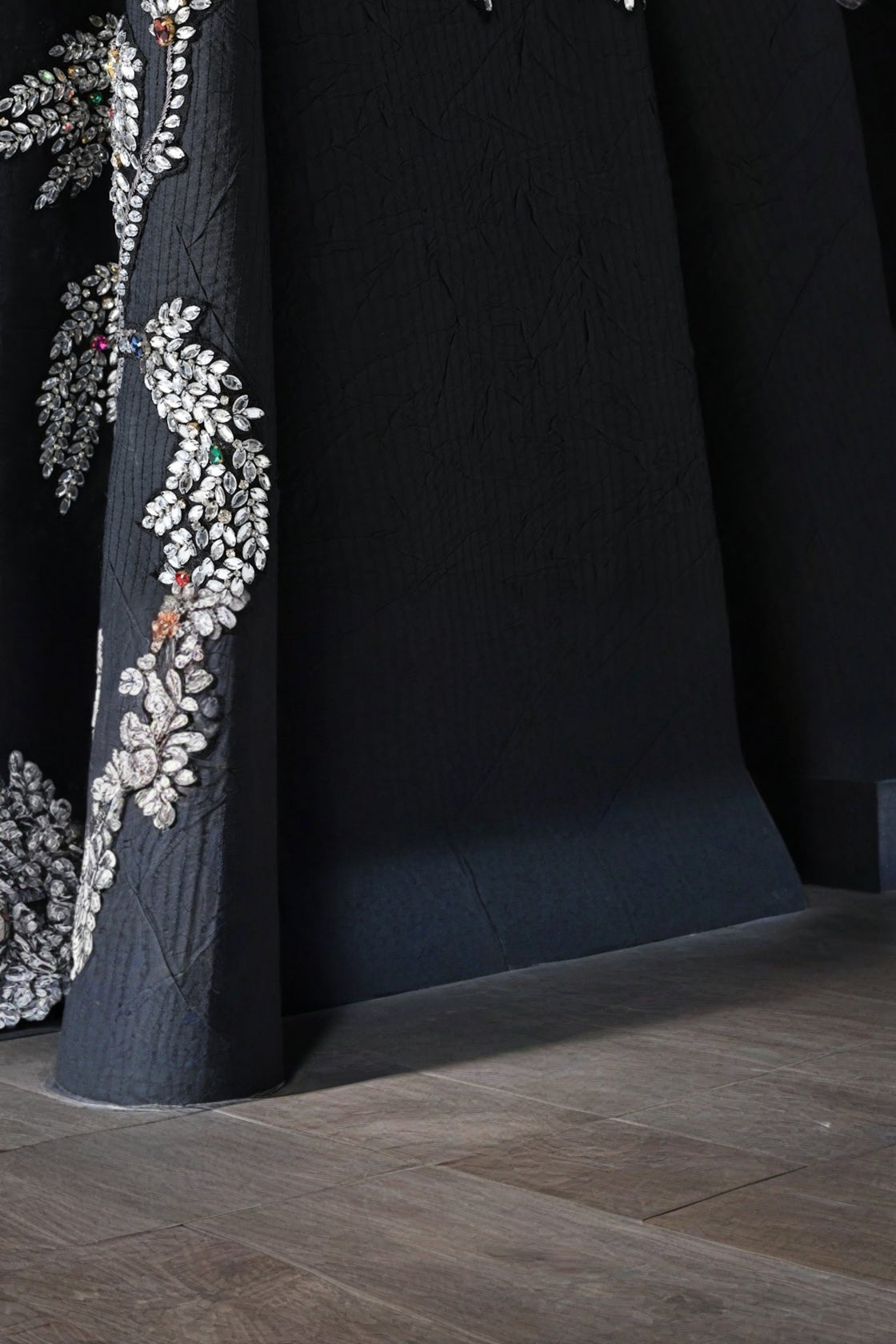 Black Strapless Gown With Cascading Hand-Embroidered Vine