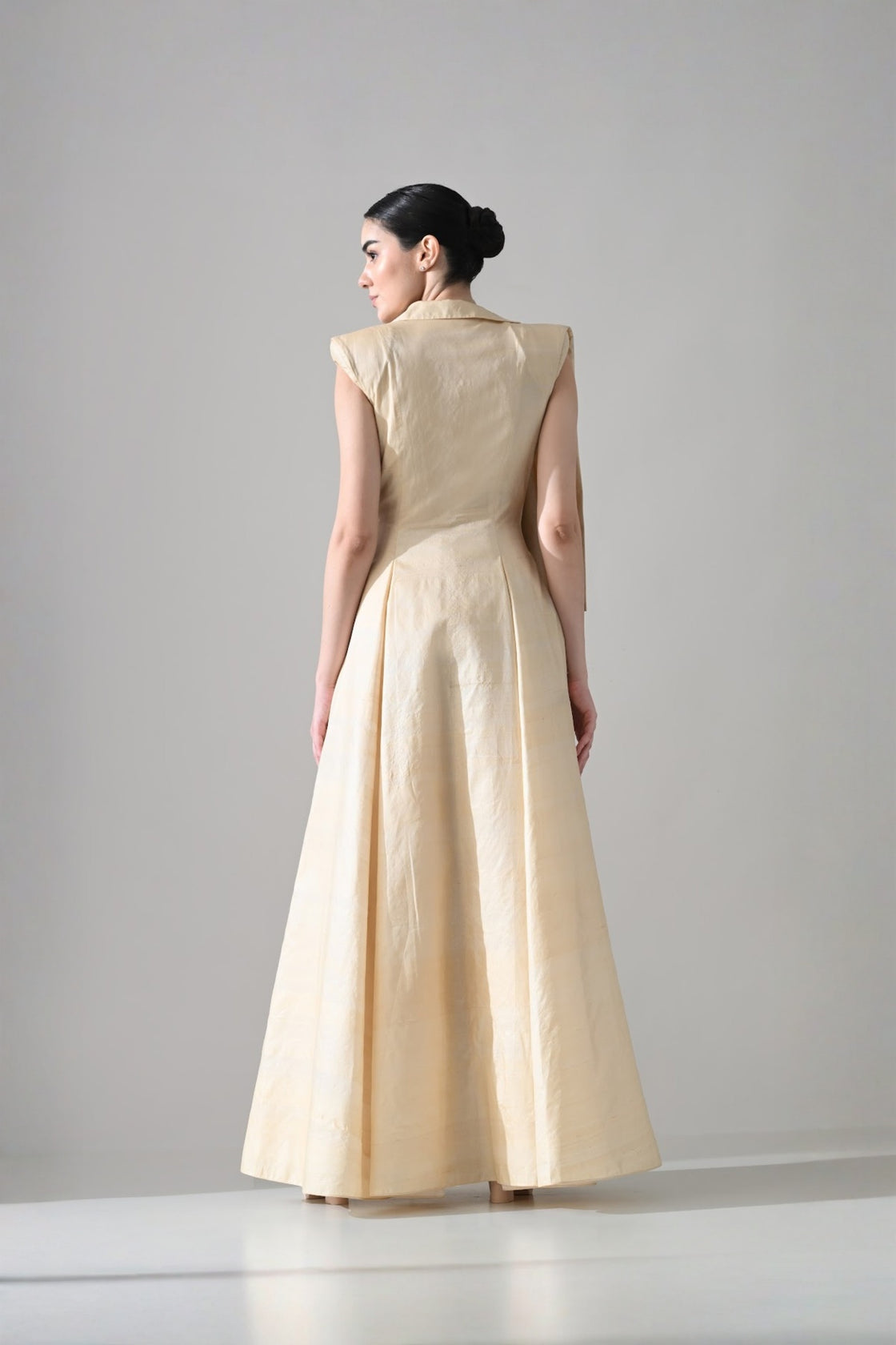 Cream Draped Gown With Hand-Embroidered Botanical Panel
