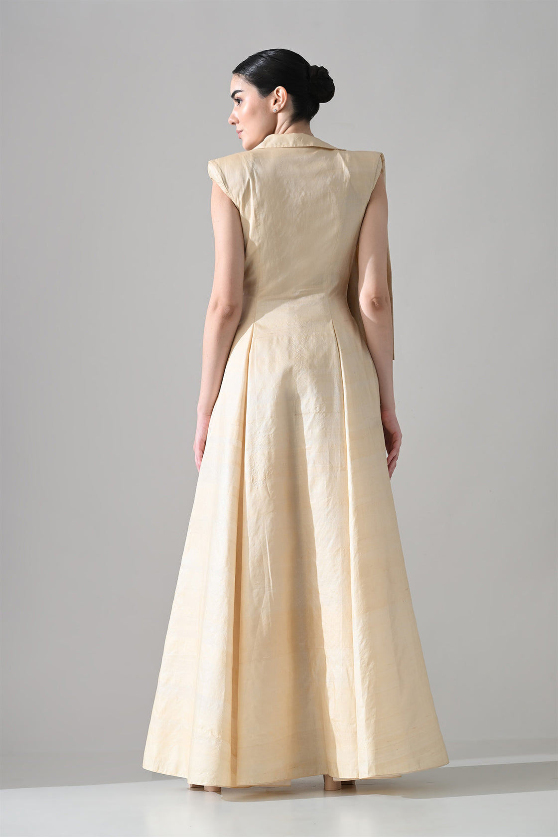 Cream Draped Gown With Hand-Embroidered Botanical Panel