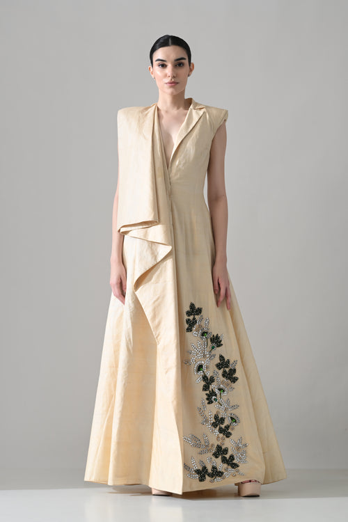 Ivory Draped Gown with Hand-Embroidered Botanical Panel