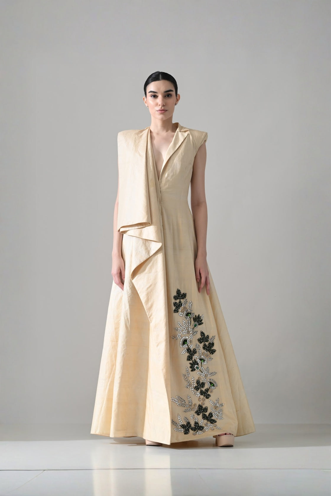 Cream Draped Gown With Hand-Embroidered Botanical Panel
