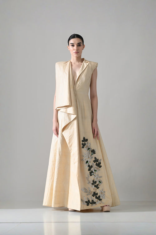 Cream Draped Gown With Hand-Embroidered Botanical Panel