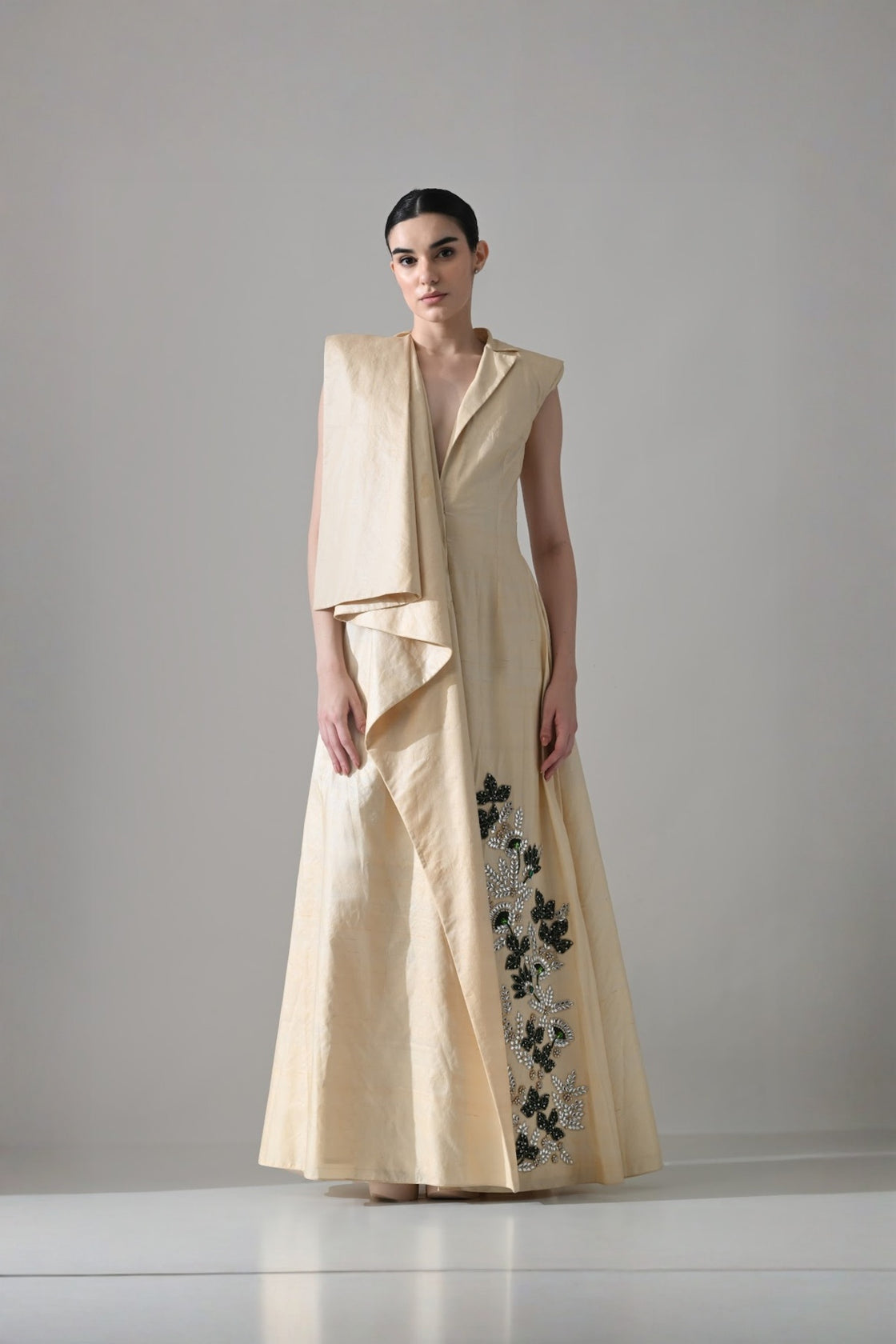 Cream Draped Gown With Hand-Embroidered Botanical Panel