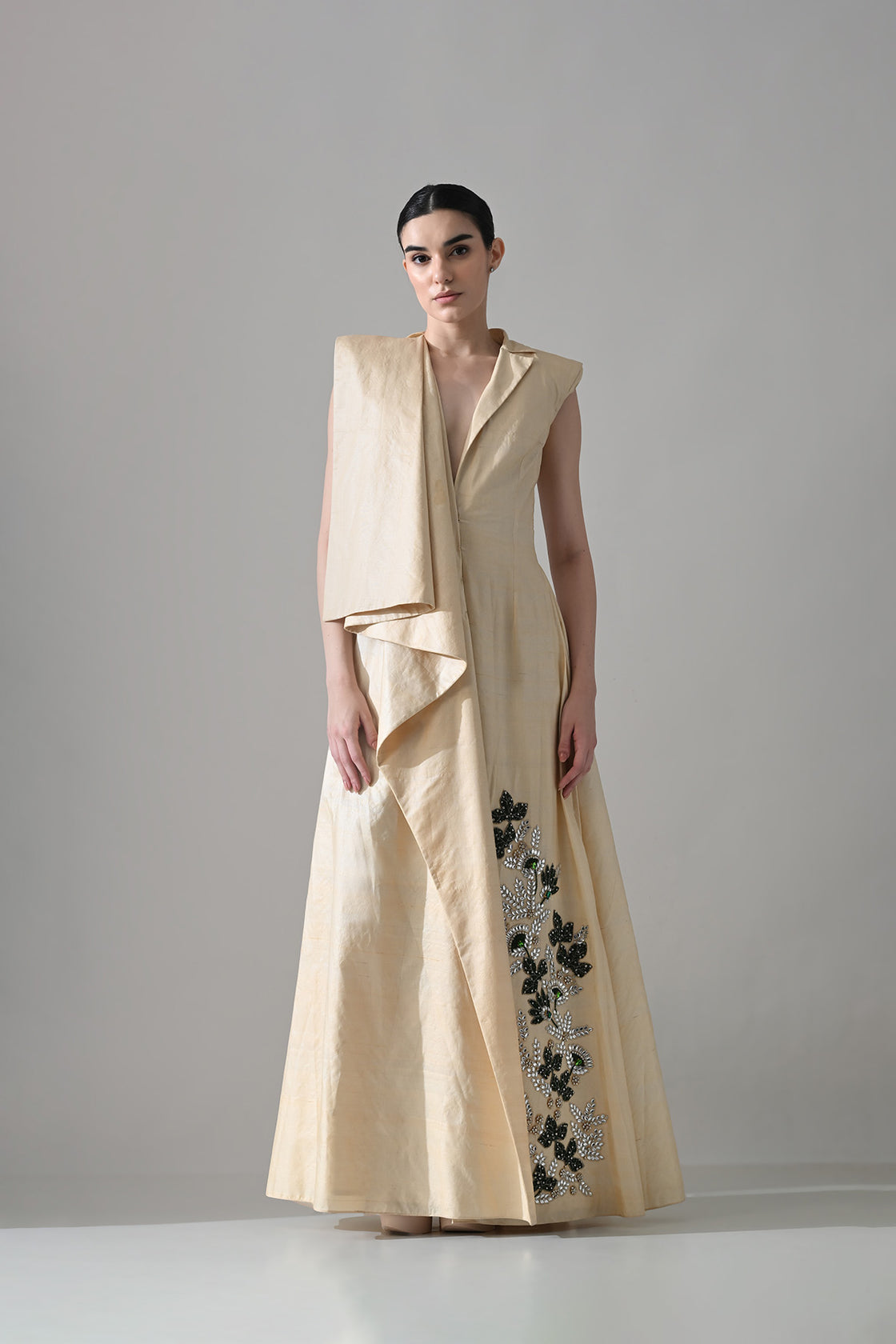 Cream Draped Gown With Hand-Embroidered Botanical Panel