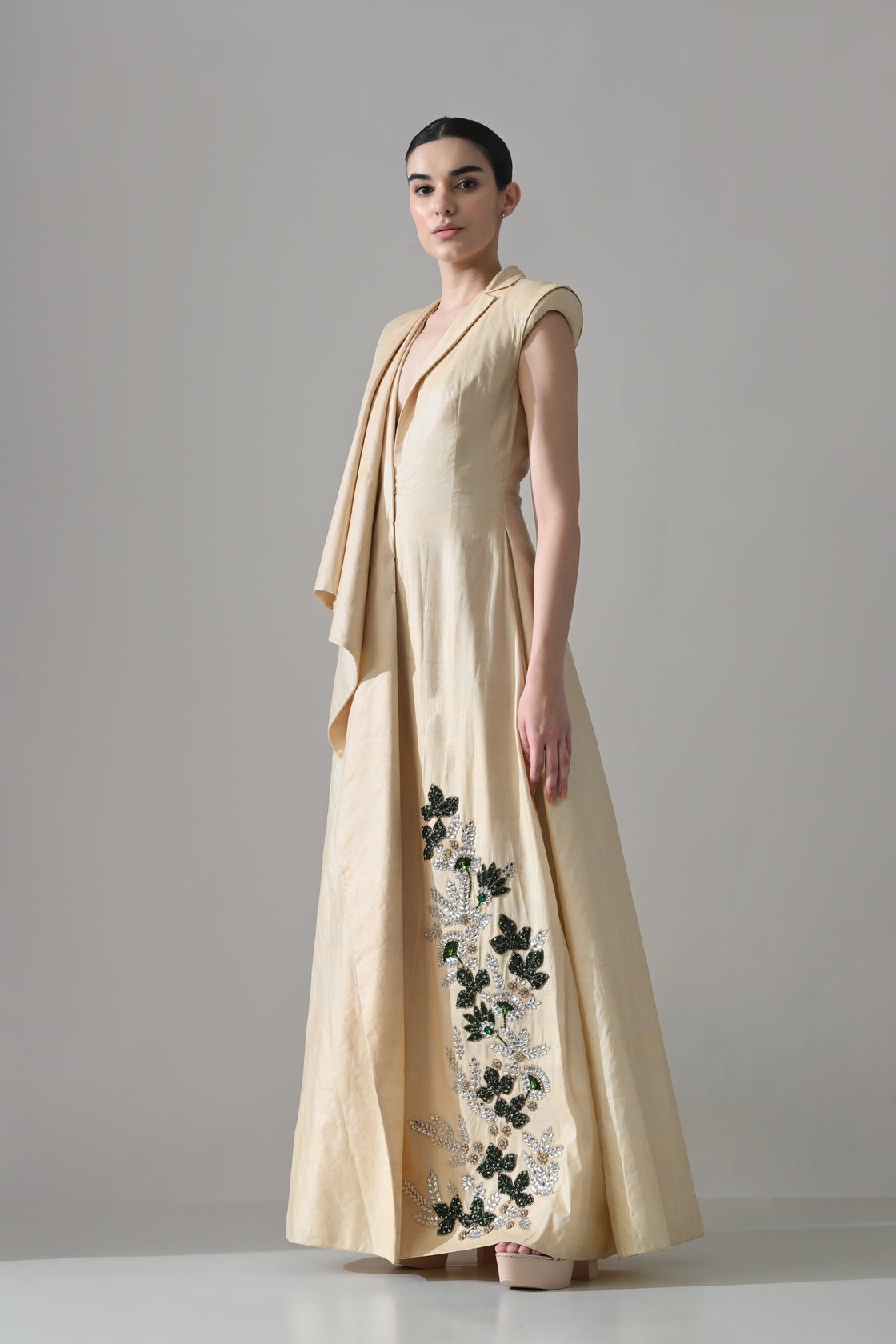 Ivory Draped Gown with Hand-Embroidered Botanical Panel