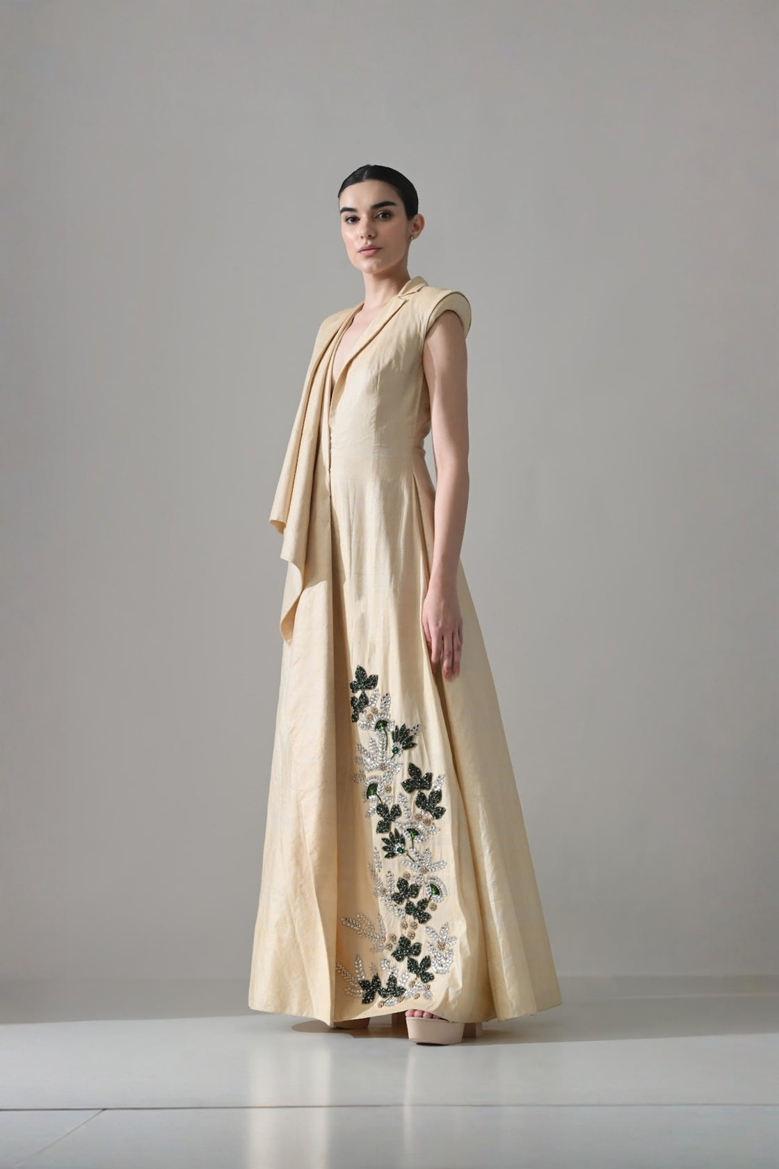 Cream Draped Gown With Hand-Embroidered Botanical Panel