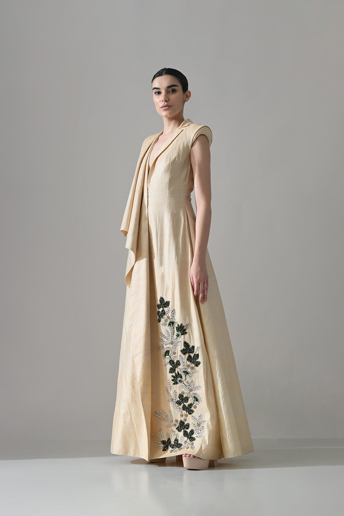 Cream Draped Gown With Hand-Embroidered Botanical Panel