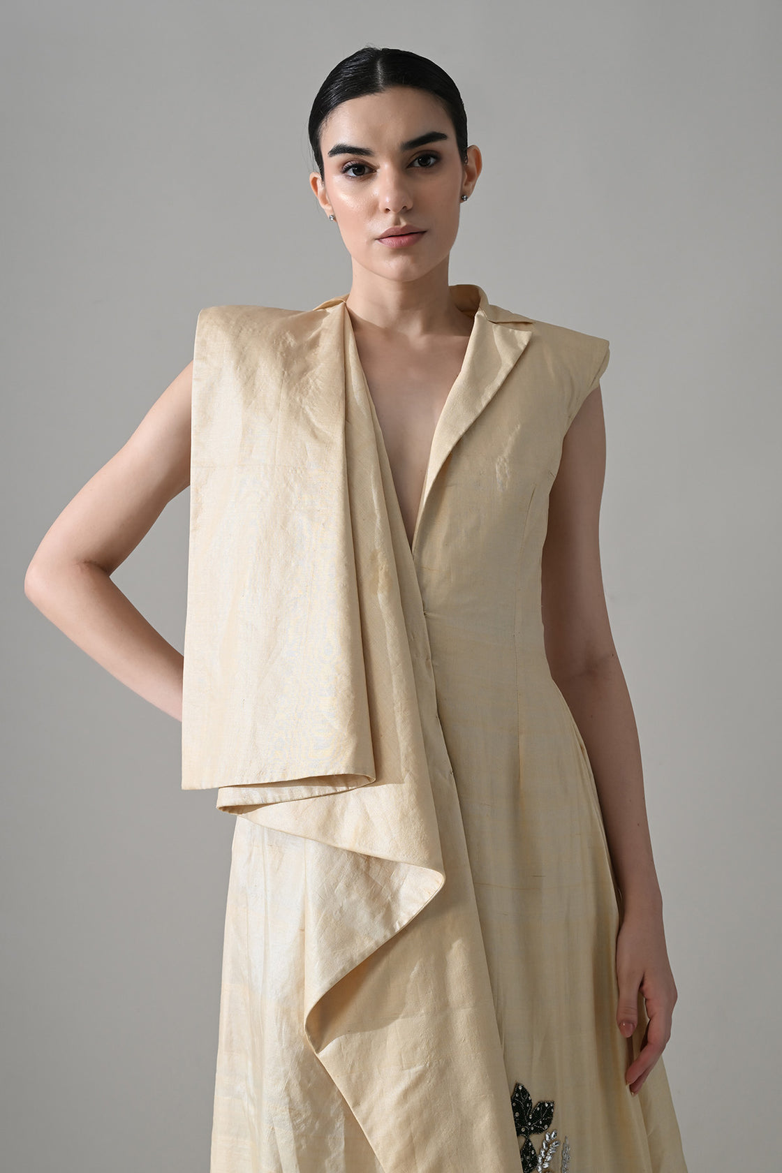 Cream Draped Gown With Hand-Embroidered Botanical Panel