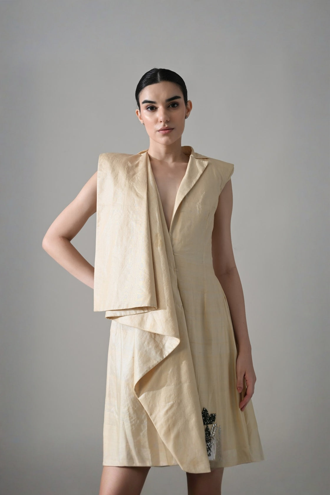Cream Draped Gown With Hand-Embroidered Botanical Panel