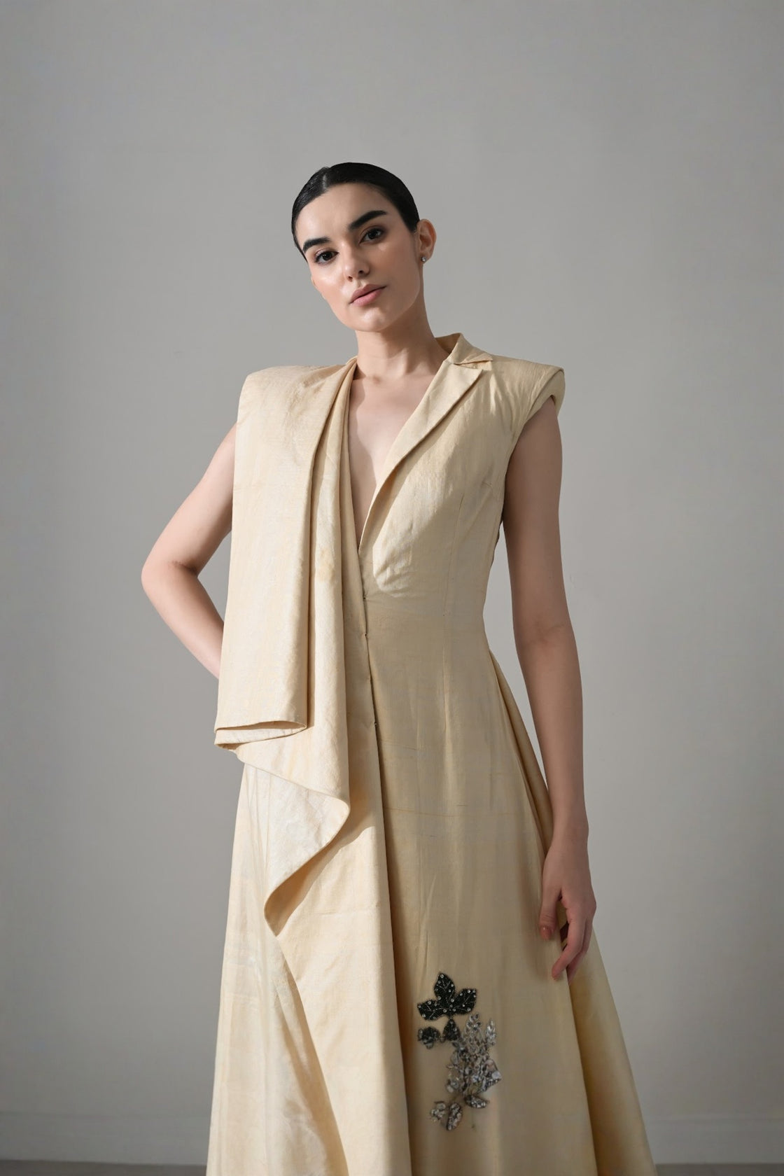 Cream Draped Gown With Hand-Embroidered Botanical Panel