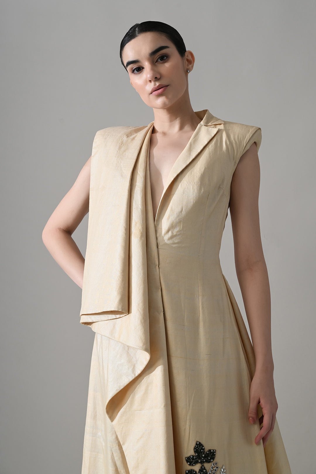 Cream Draped Gown With Hand-Embroidered Botanical Panel
