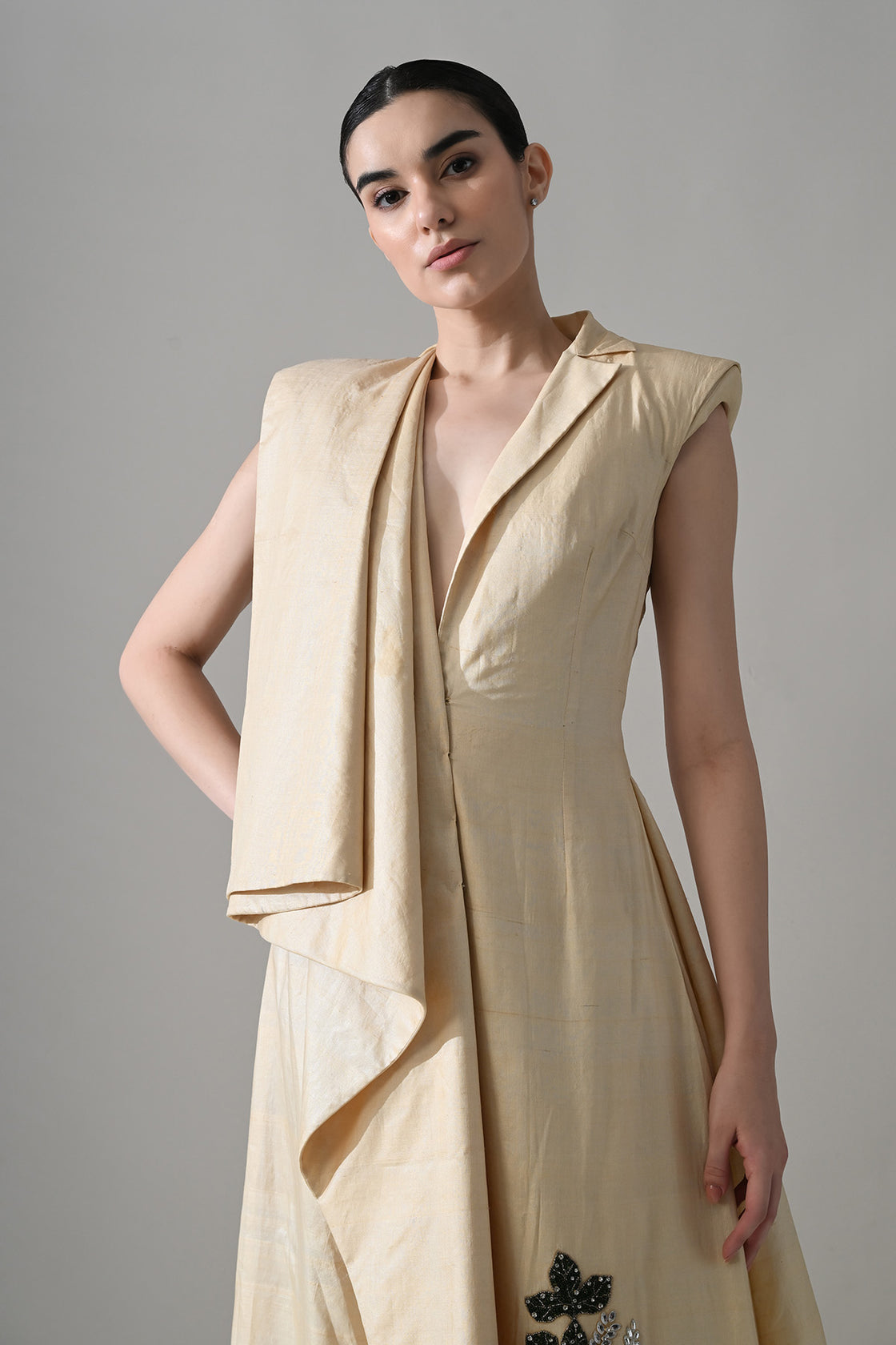 Cream Draped Gown With Hand-Embroidered Botanical Panel