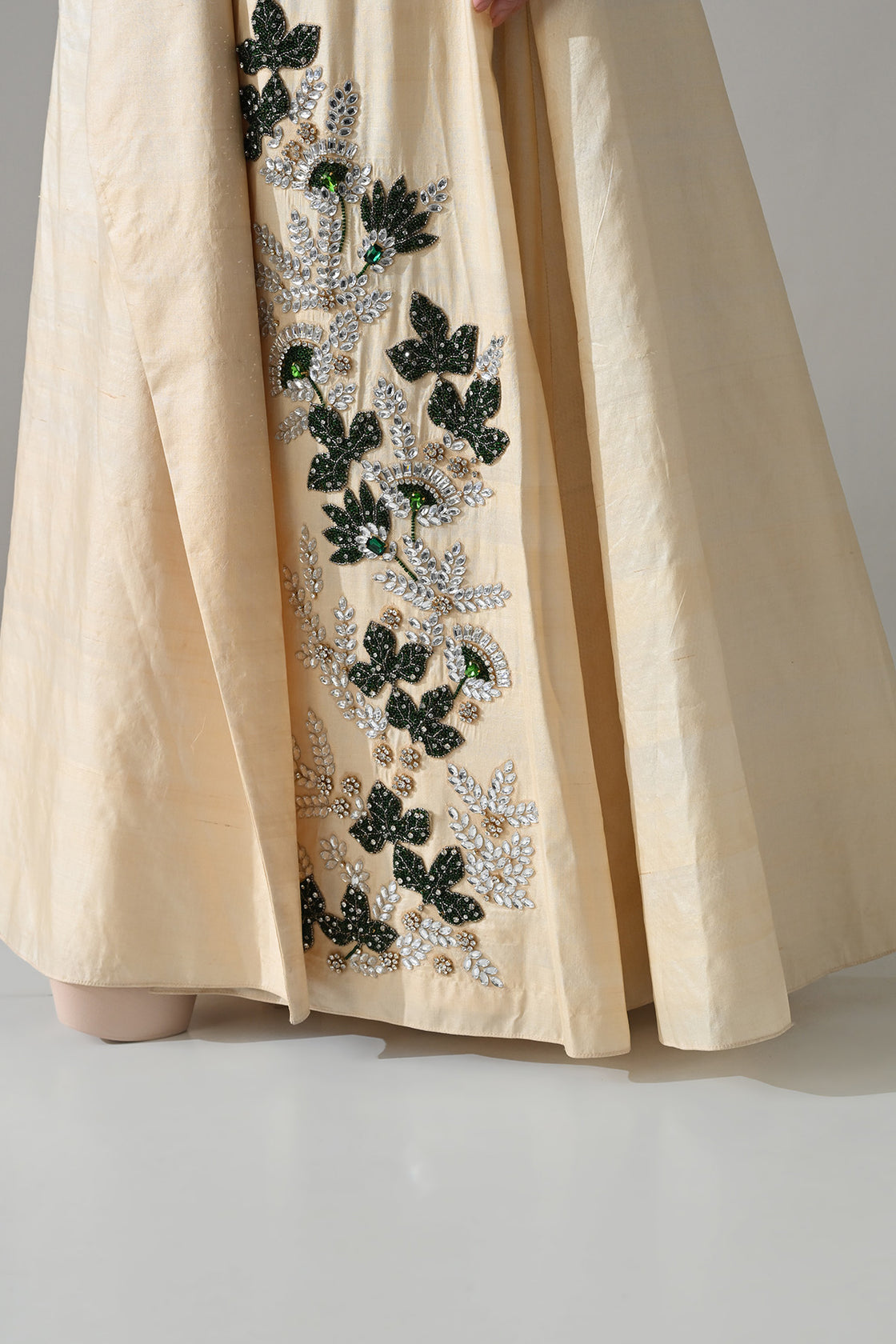 Cream Draped Gown With Hand-Embroidered Botanical Panel