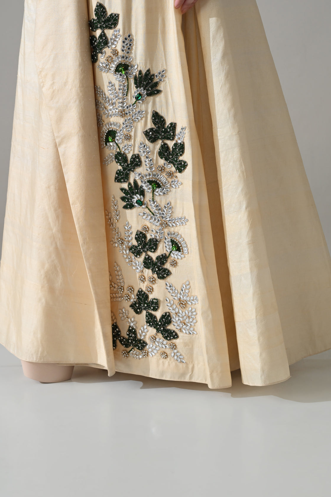 Ivory Draped Gown with Hand-Embroidered Botanical Panel