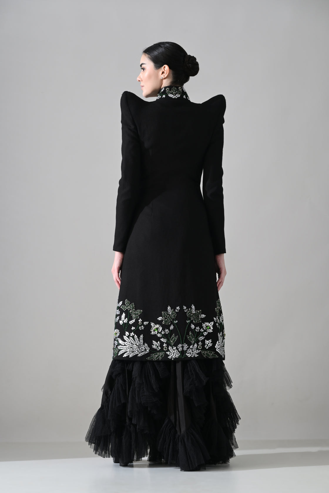 Black Botanical Embroidered Jacket Gown with Tiered inner dress