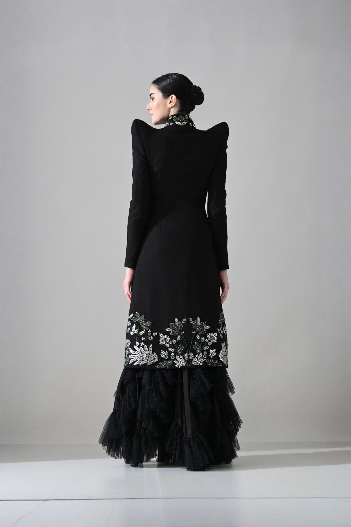 Black Botanical Embroidered Jacket With Tiered Tulle Skirt