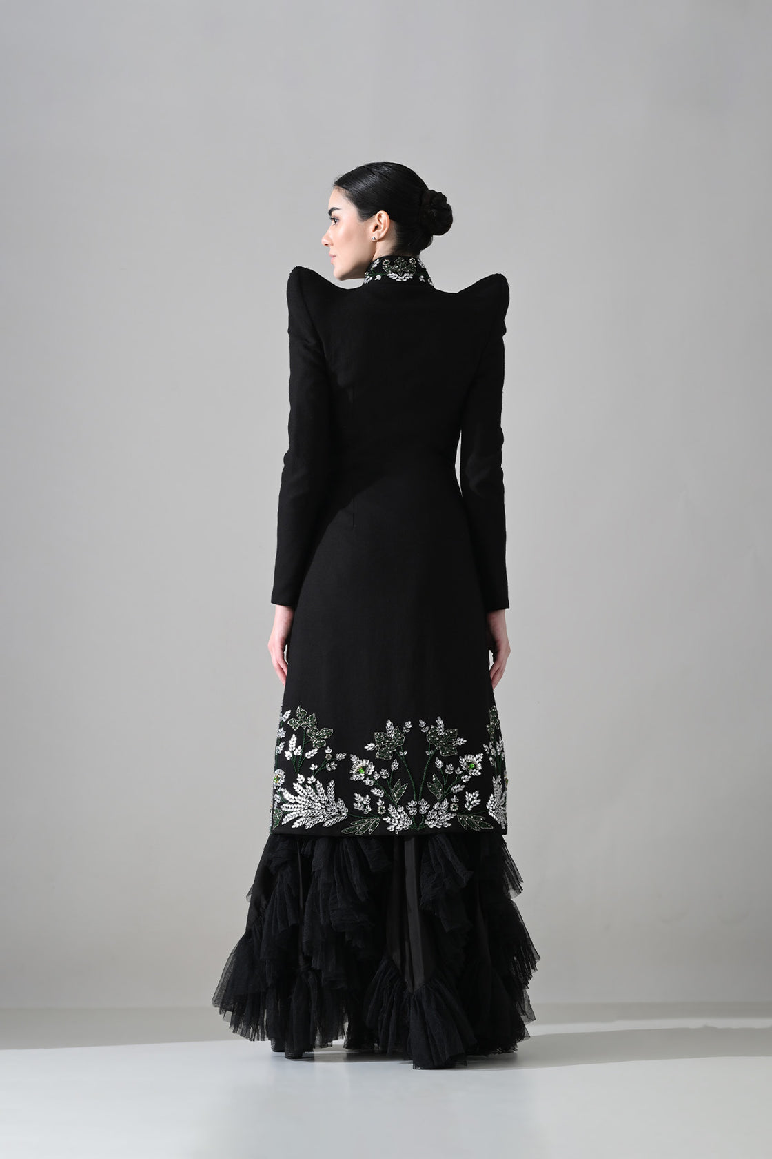Black Botanical Embroidered Jacket With Tiered Tulle Skirt