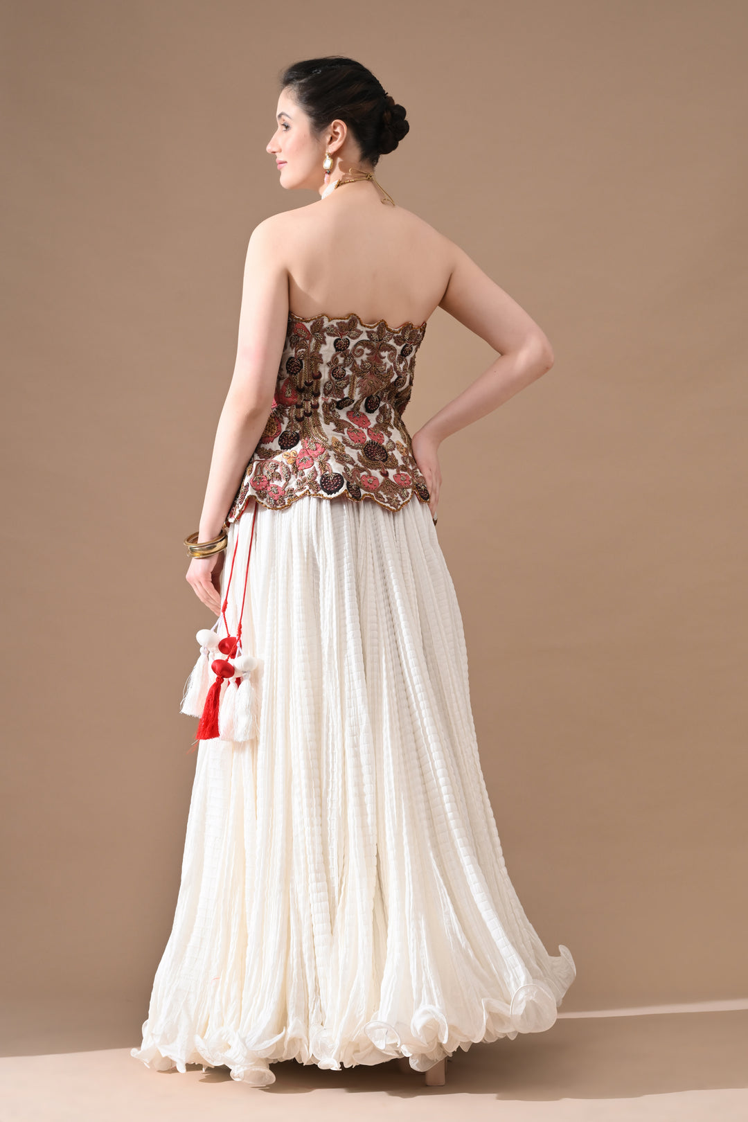 Soft Ivory Floral Embroidered Corset With Skirt