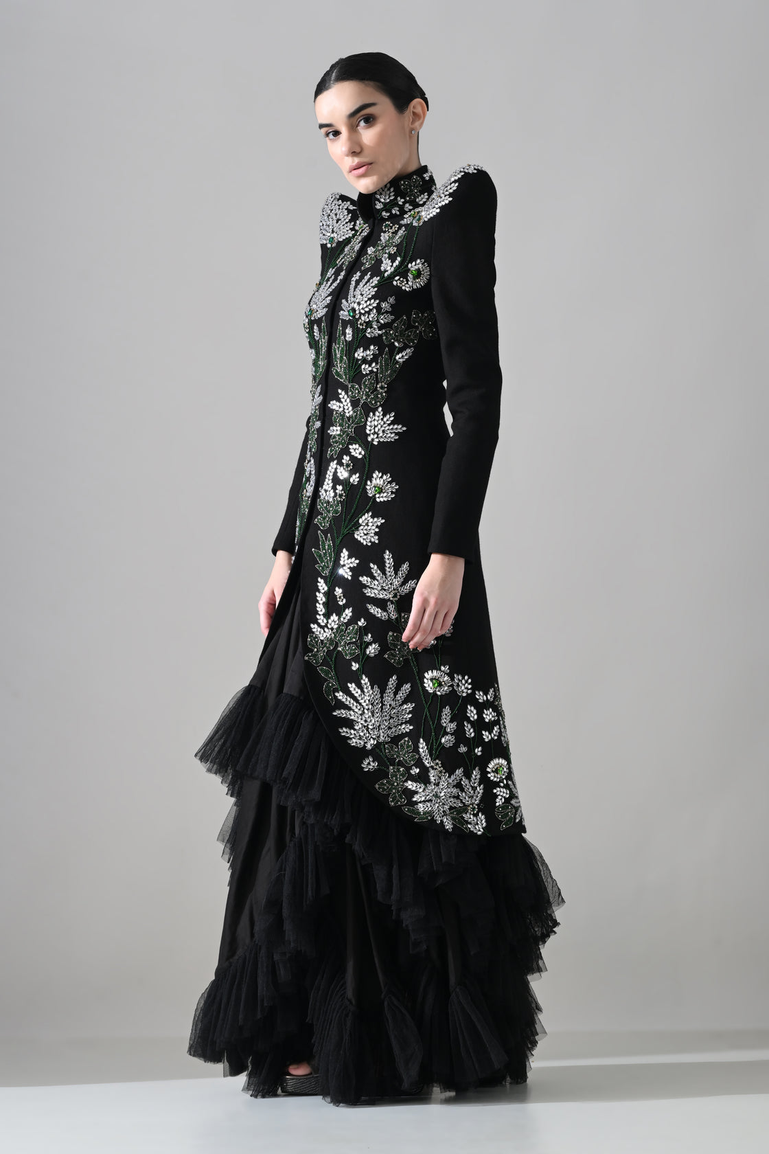 Black Botanical Embroidered Jacket Gown with Tiered inner dress Samant Chauhan Black Botanical Embroidered Jacket Gown with Tiered inner dress Samant Chauhan