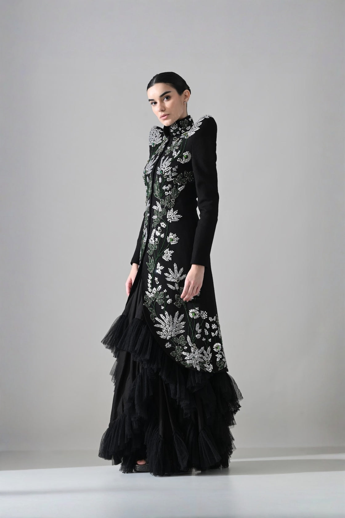 Black Botanical Embroidered Jacket With Tiered Tulle Skirt