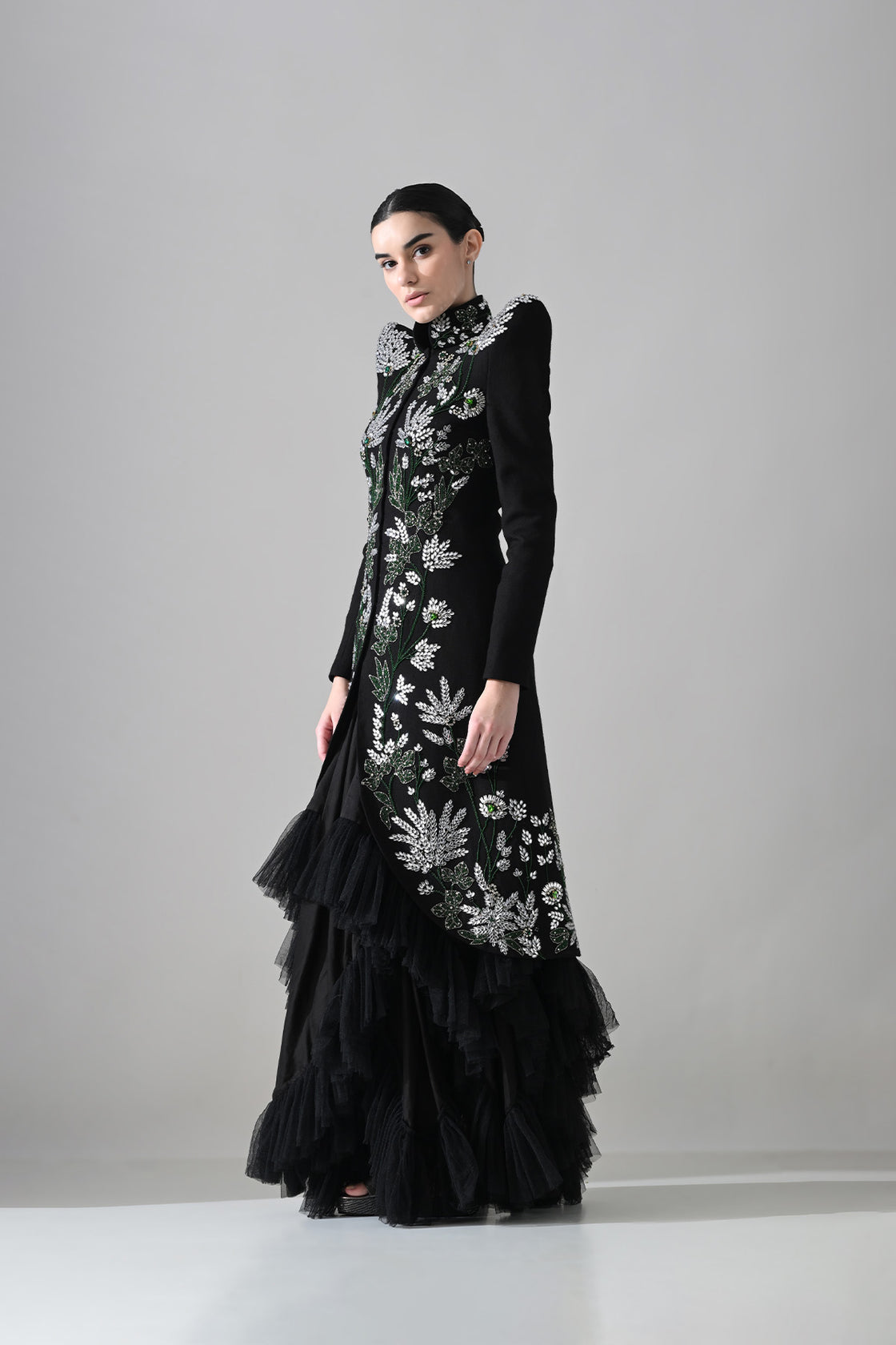 Black Botanical Embroidered Jacket With Tiered Tulle Skirt