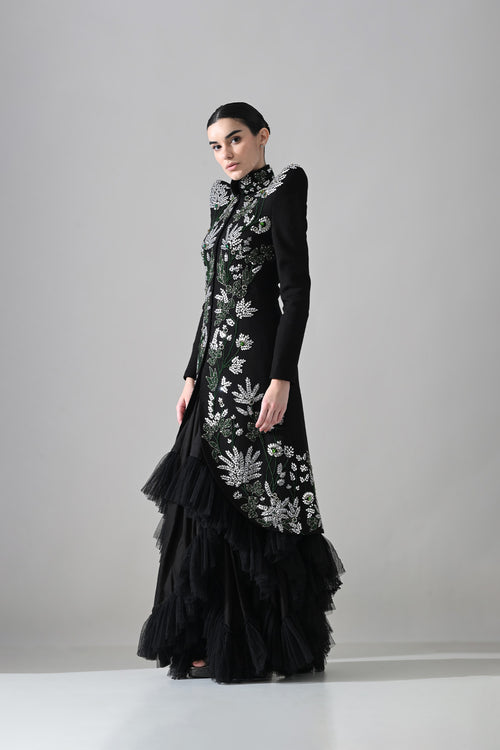 Black Botanical Embroidered Jacket With Tiered Tulle Skirt
