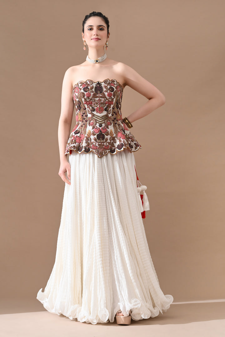 Soft Ivory Floral Embroidered Corset With Skirt