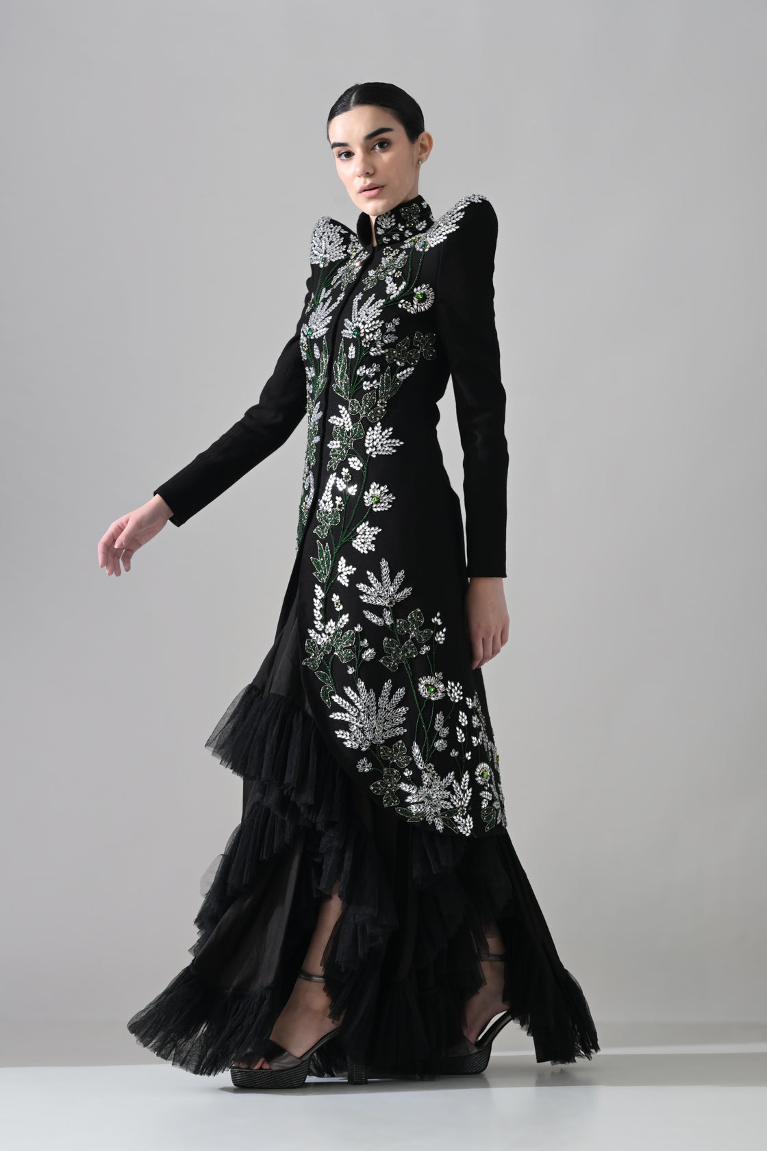 Black Botanical Embroidered Jacket Gown with Tiered inner dress