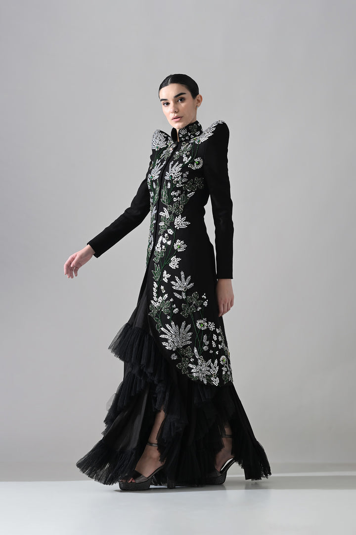 Black Botanical Embroidered Jacket With Tiered Tulle Skirt
